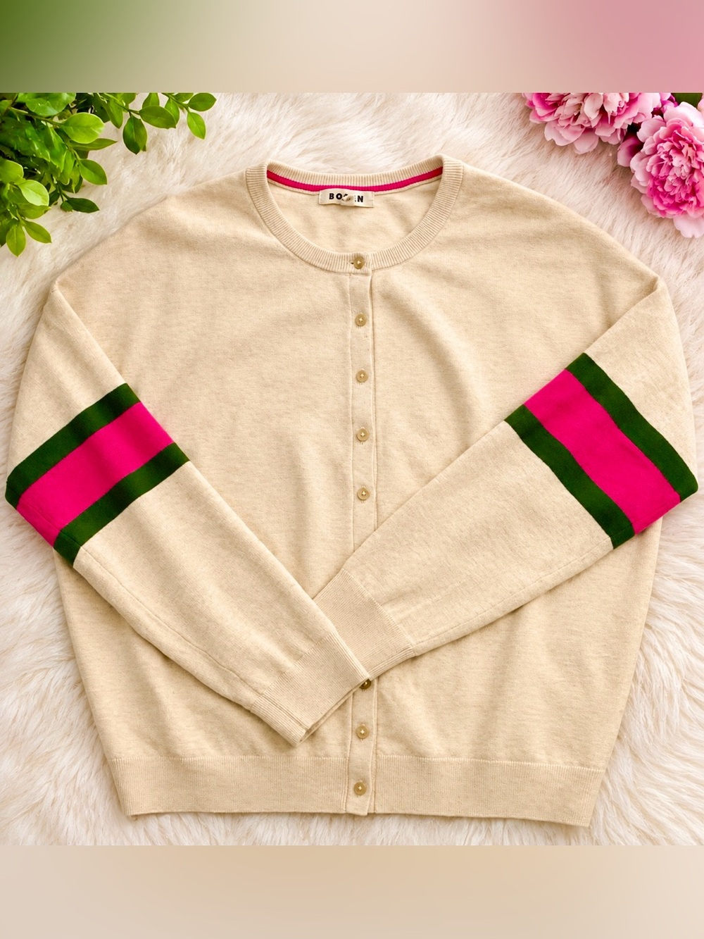 Boden Cream Cardigan with Pink and Green Sleeve Stripes